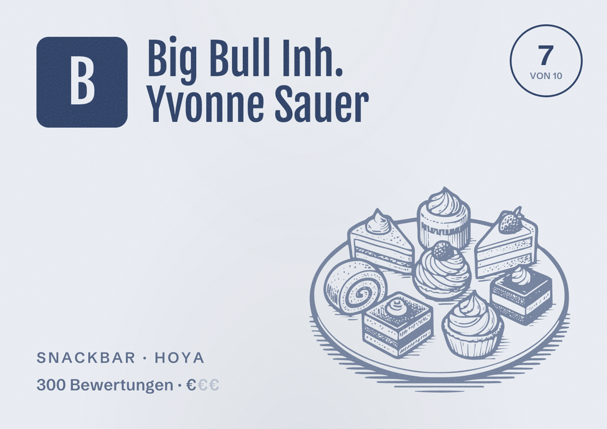 Illustriertes Poster von Big Bull Inh. Yvonne Sauer, Snackbar in Hoya: Bewertung 7 von 10 aus 300 Bewertungen, Preisniveau €