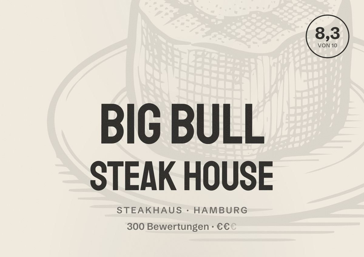 Illustriertes Poster von Big Bull Steak House, Steakhaus in Hamburg: Bewertung 8,3 von 10 aus 300 Bewertungen, Preisniveau €€