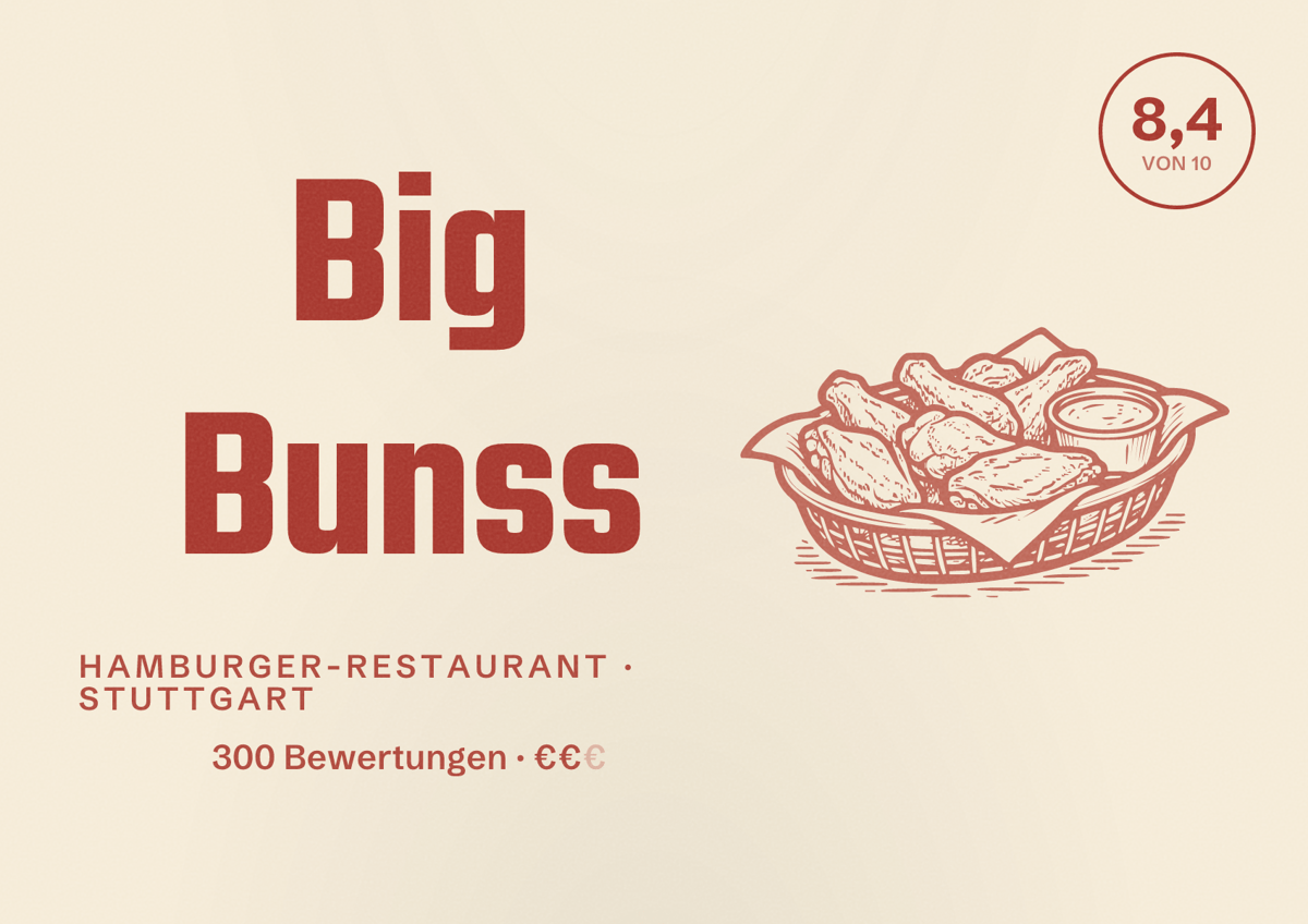 Illustriertes Poster von Big Bunss, Hamburger-Restaurant in Stuttgart: Bewertung 8,4 von 10 aus 300 Bewertungen, Preisniveau €€