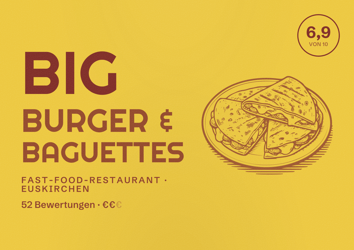 Illustriertes Poster von Big Burger & Baguettes, Fast-Food-Restaurant in Euskirchen: Bewertung 6,9 von 10 aus 52 Bewertungen, Preisniveau €€