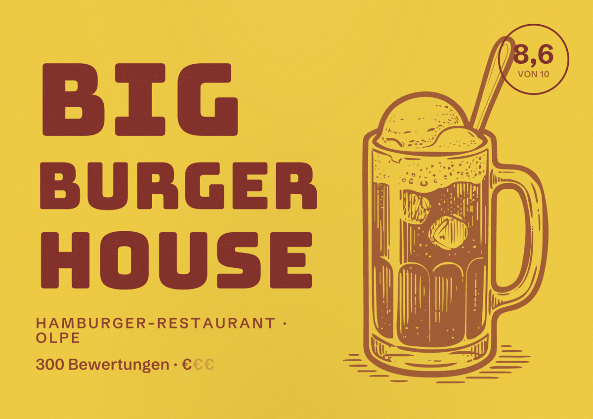 Illustriertes Poster von BIG Burger House, Hamburger-Restaurant in Olpe: Bewertung 8,6 von 10 aus 300 Bewertungen, Preisniveau €