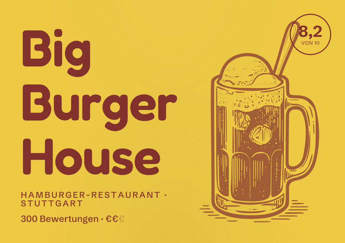 Illustriertes Poster von Big Burger House, Hamburger-Restaurant in Stuttgart: Bewertung 8,2 von 10 aus 300 Bewertungen, Preisniveau €€