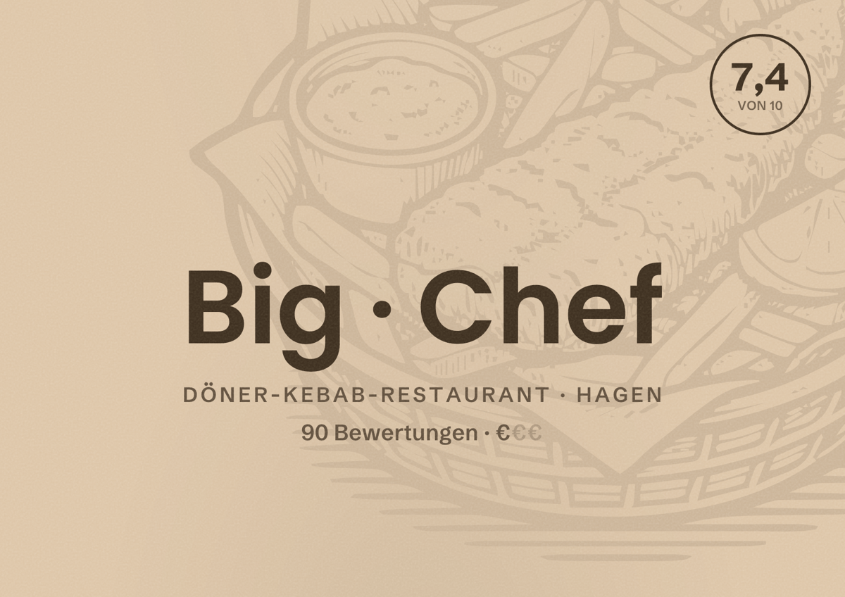 Illustriertes Poster von Big Chef, Döner-Kebab-Restaurant in Hagen: Bewertung 7,4 von 10 aus 90 Bewertungen, Preisniveau €
