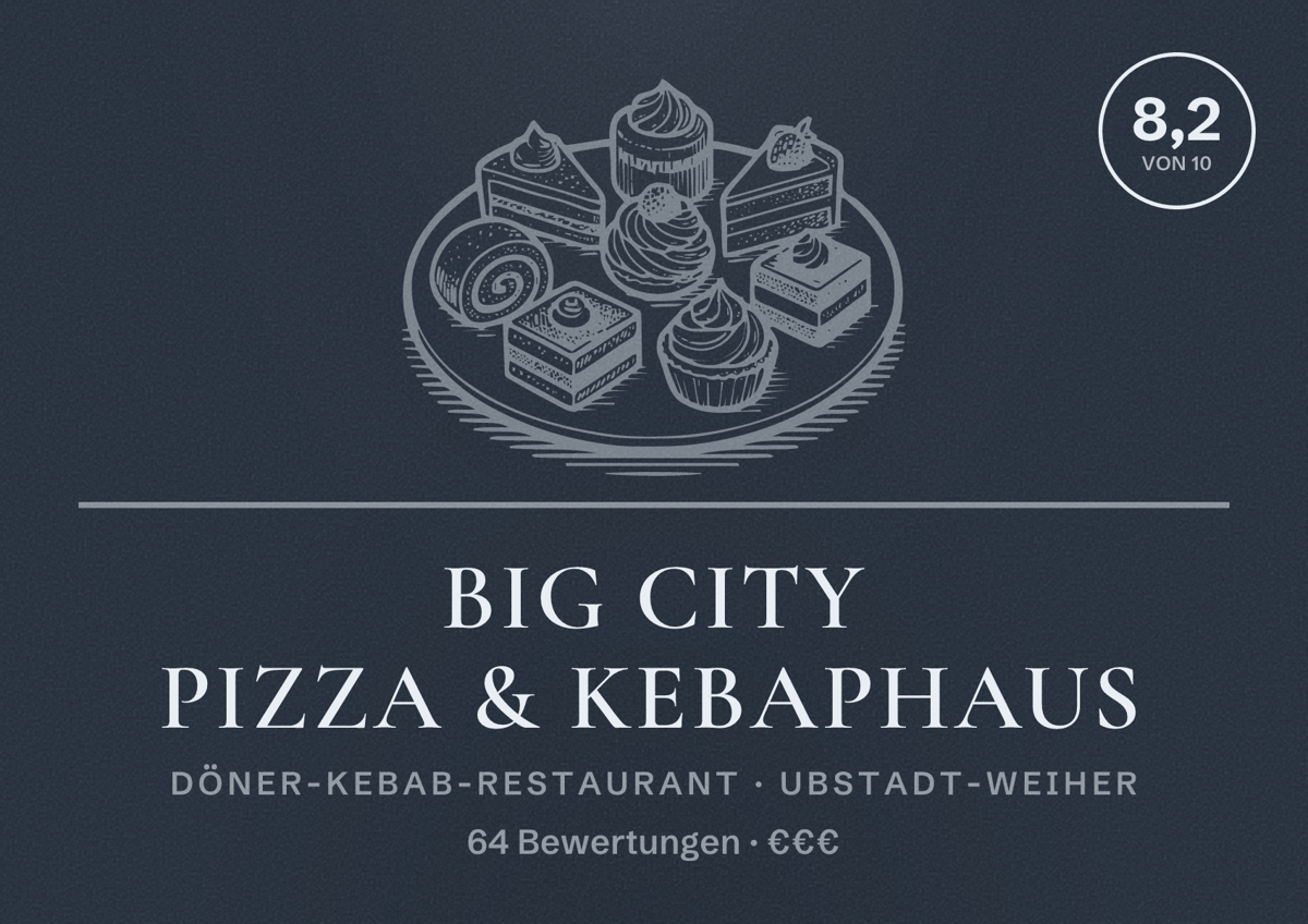 Illustriertes Poster von Big City Pizza & Kebaphaus, Döner-Kebab-Restaurant in Ubstadt-Weiher: Bewertung 8,2 von 10 aus 64 Bewertungen, Preisniveau €€€