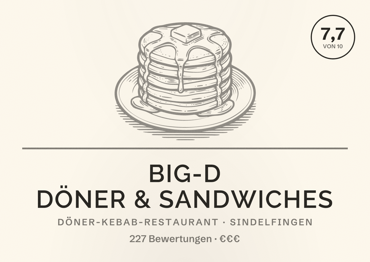 Illustriertes Poster von Big-D Döner & Sandwiches, Döner-Kebab-Restaurant in Sindelfingen: Bewertung 7,7 von 10 aus 227 Bewertungen, Preisniveau €€€