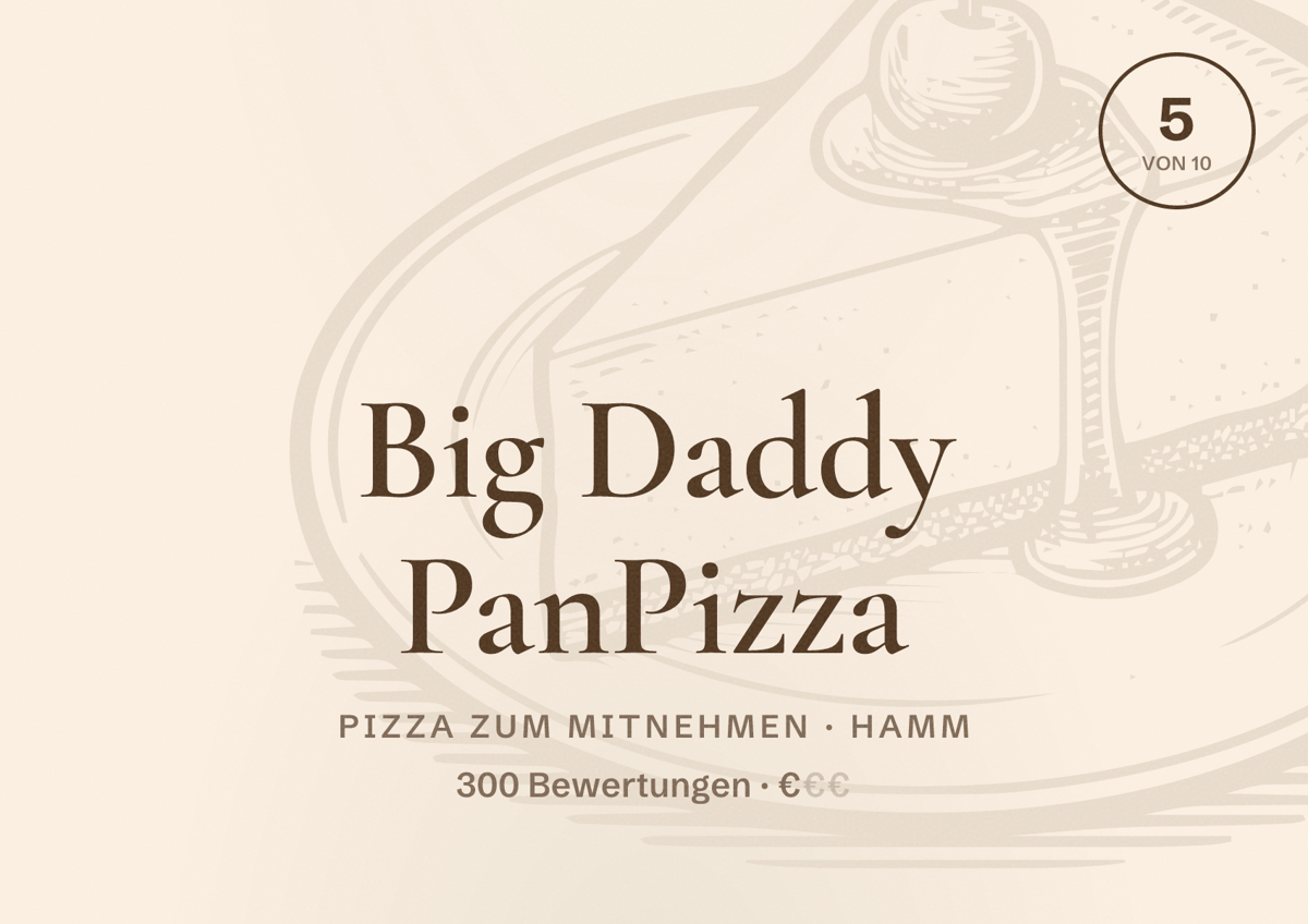 Illustriertes Poster von Big Daddy PanPizza, Pizza zum Mitnehmen in Hamm: Bewertung 5 von 10 aus 300 Bewertungen, Preisniveau €