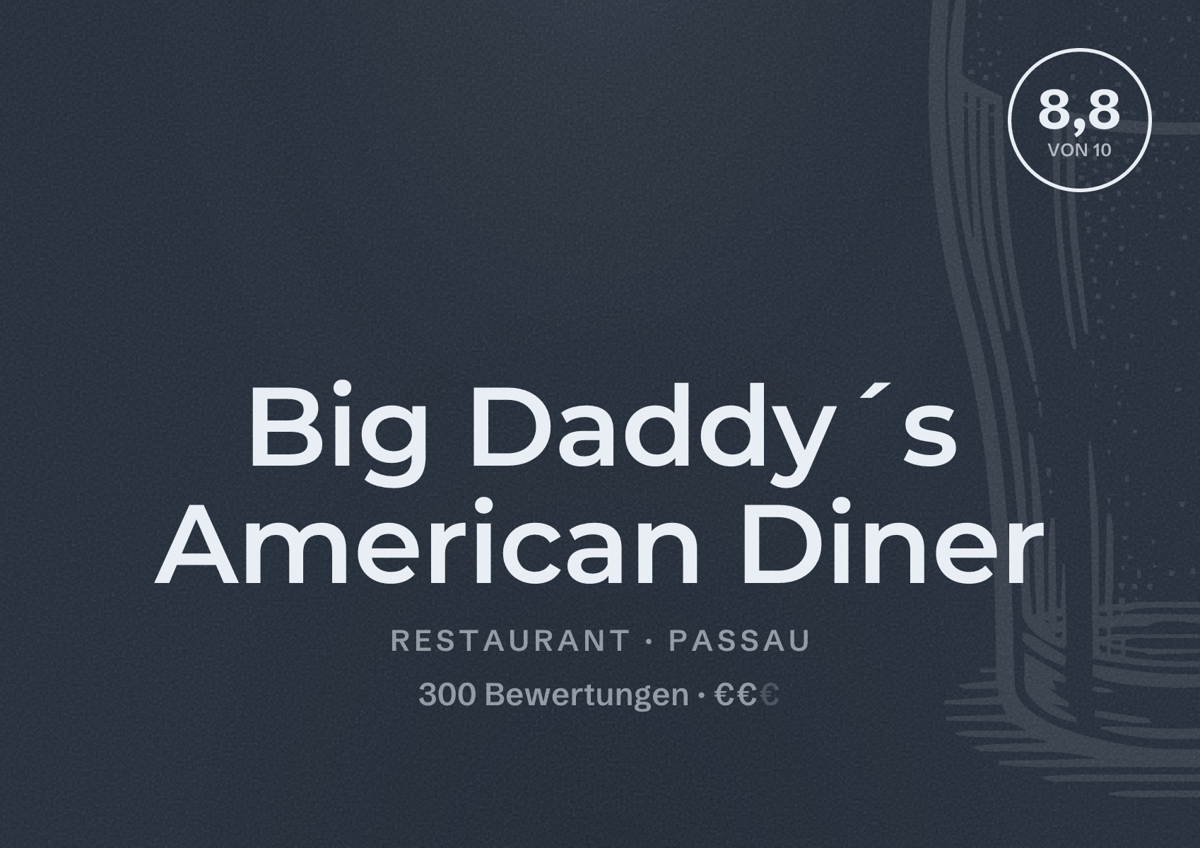 Illustriertes Poster von Big Daddy´s American Diner, Restaurant in Passau: Bewertung 8,8 von 10 aus 300 Bewertungen, Preisniveau €€