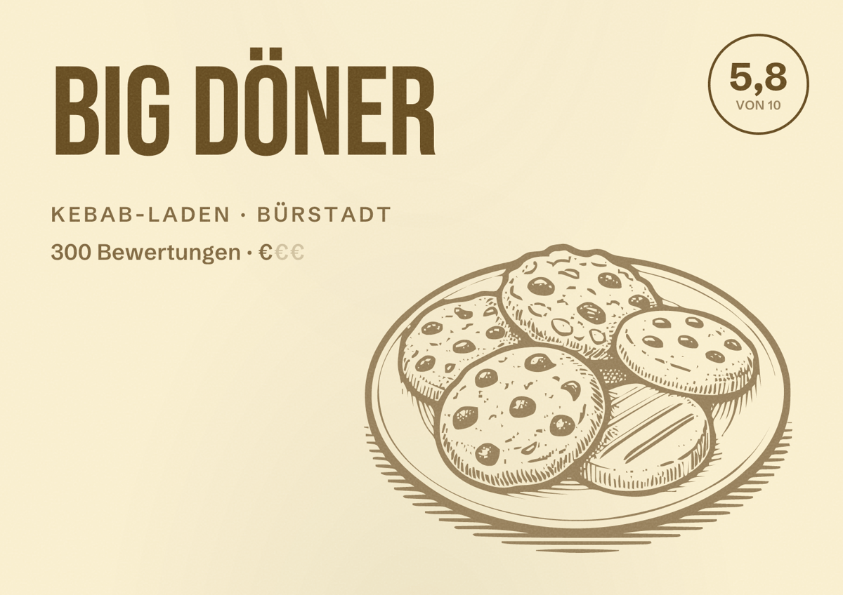 Illustriertes Poster von Big Döner, Kebab-Laden in Bürstadt: Bewertung 5,8 von 10 aus 300 Bewertungen, Preisniveau €