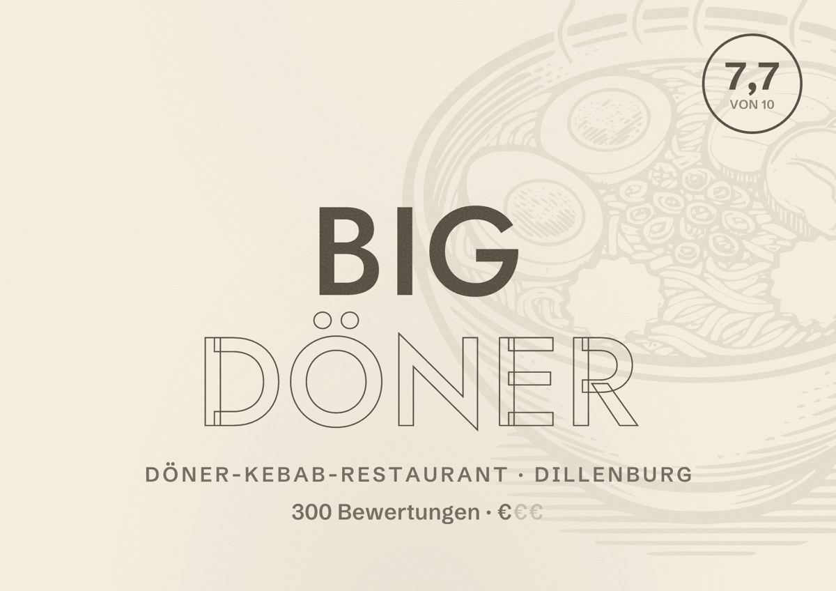 Illustriertes Poster von Big Döner, Döner-Kebab-Restaurant in Dillenburg: Bewertung 7,7 von 10 aus 300 Bewertungen, Preisniveau €
