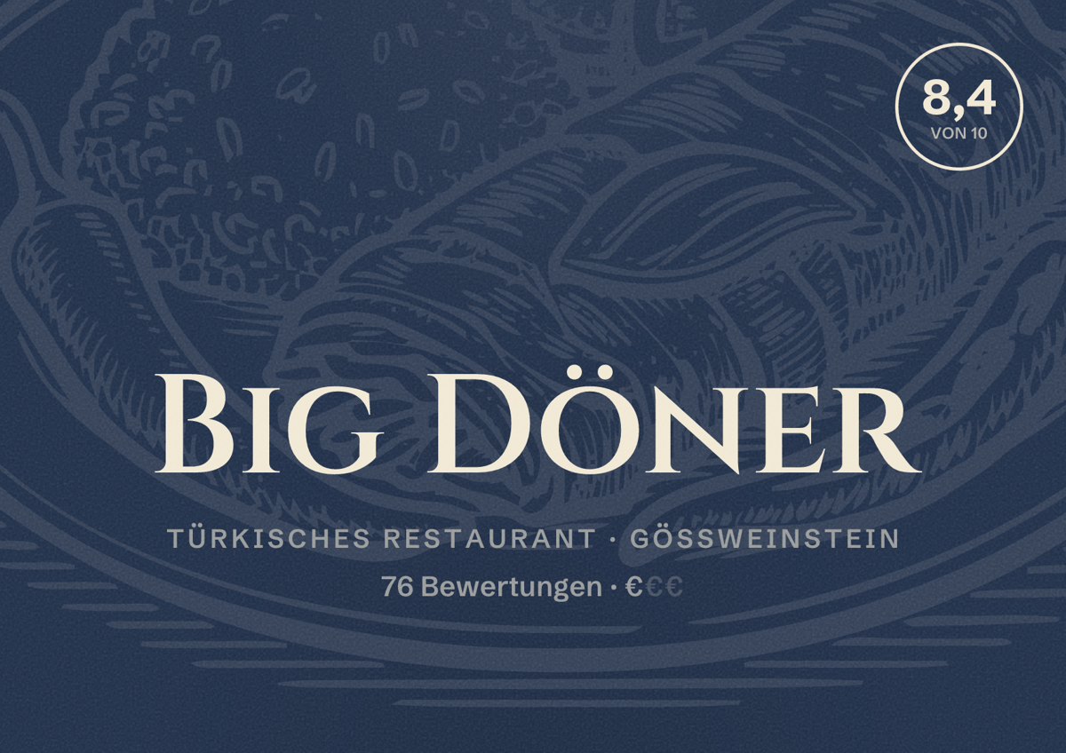 Illustriertes Poster von Big Döner, Türkisches Restaurant in Gößweinstein: Bewertung 8,4 von 10 aus 76 Bewertungen, Preisniveau €