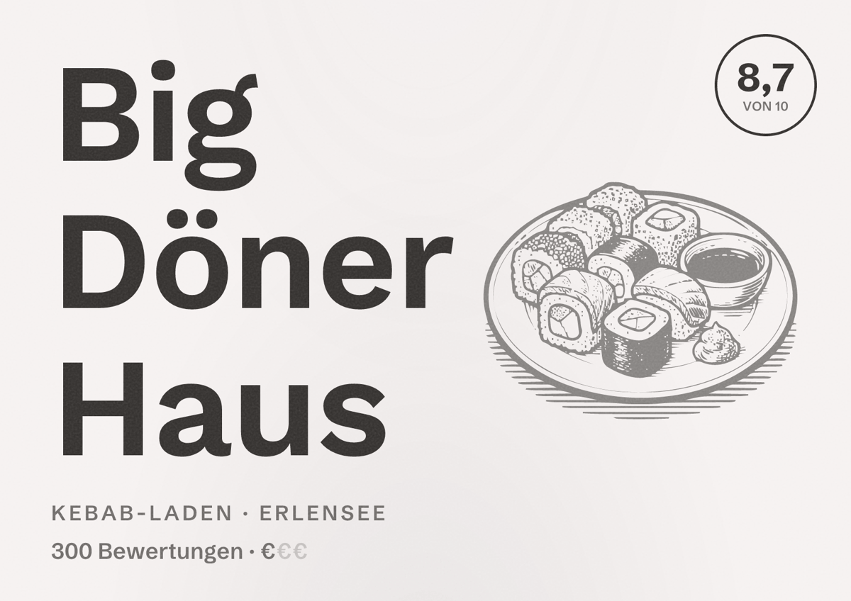 Illustriertes Poster von Big Döner Haus, Kebab-Laden in Erlensee: Bewertung 8,7 von 10 aus 300 Bewertungen, Preisniveau €