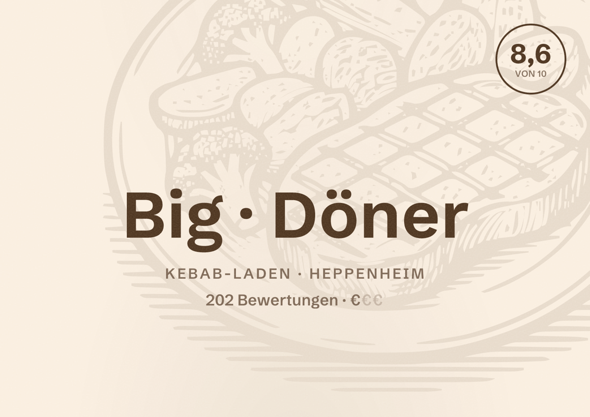 Illustriertes Poster von Big Döner, Kebab-Laden in Heppenheim: Bewertung 8,6 von 10 aus 202 Bewertungen, Preisniveau €