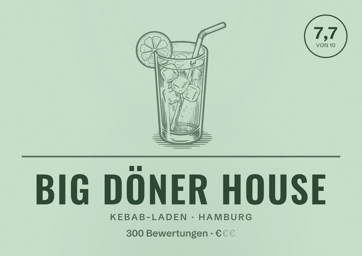Illustriertes Poster von Big Döner House, Kebab-Laden in Hamburg: Bewertung 7,7 von 10 aus 300 Bewertungen, Preisniveau €