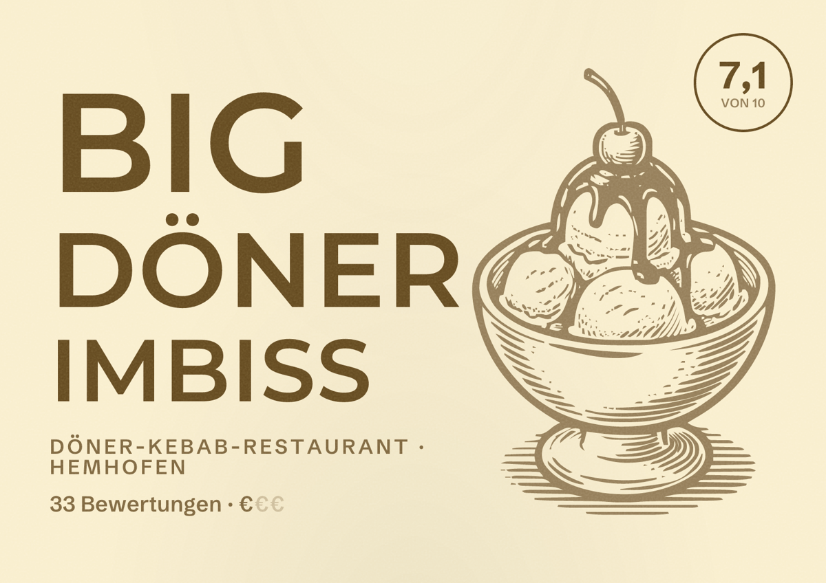 Illustriertes Poster von Big Döner Imbiss, Döner-Kebab-Restaurant in Hemhofen: Bewertung 7,1 von 10 aus 33 Bewertungen, Preisniveau €