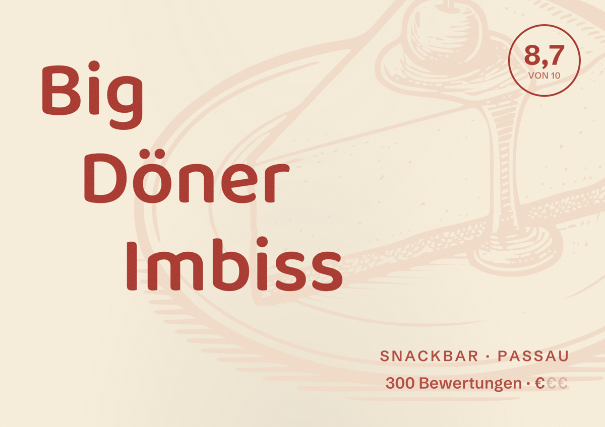 Illustriertes Poster von Big Döner Imbiss, Snackbar in Passau: Bewertung 8,7 von 10 aus 300 Bewertungen, Preisniveau €