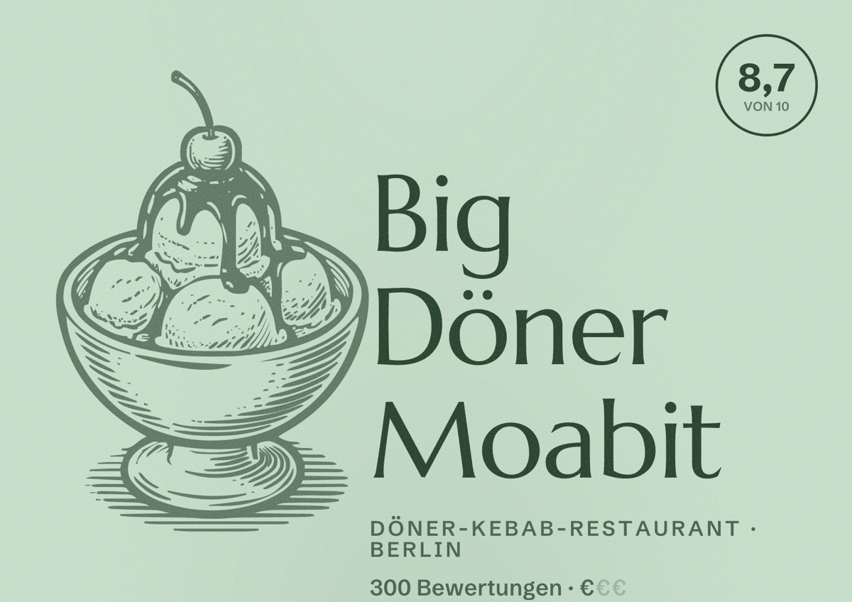 Illustriertes Poster von Big Döner Moabit, Döner-Kebab-Restaurant in Berlin: Bewertung 8,7 von 10 aus 300 Bewertungen, Preisniveau €