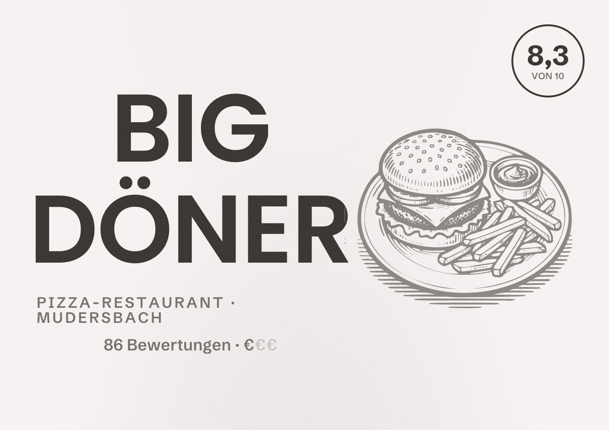 Illustriertes Poster von BIG DÖNER, Pizza-Restaurant in Mudersbach: Bewertung 8,3 von 10 aus 86 Bewertungen, Preisniveau €