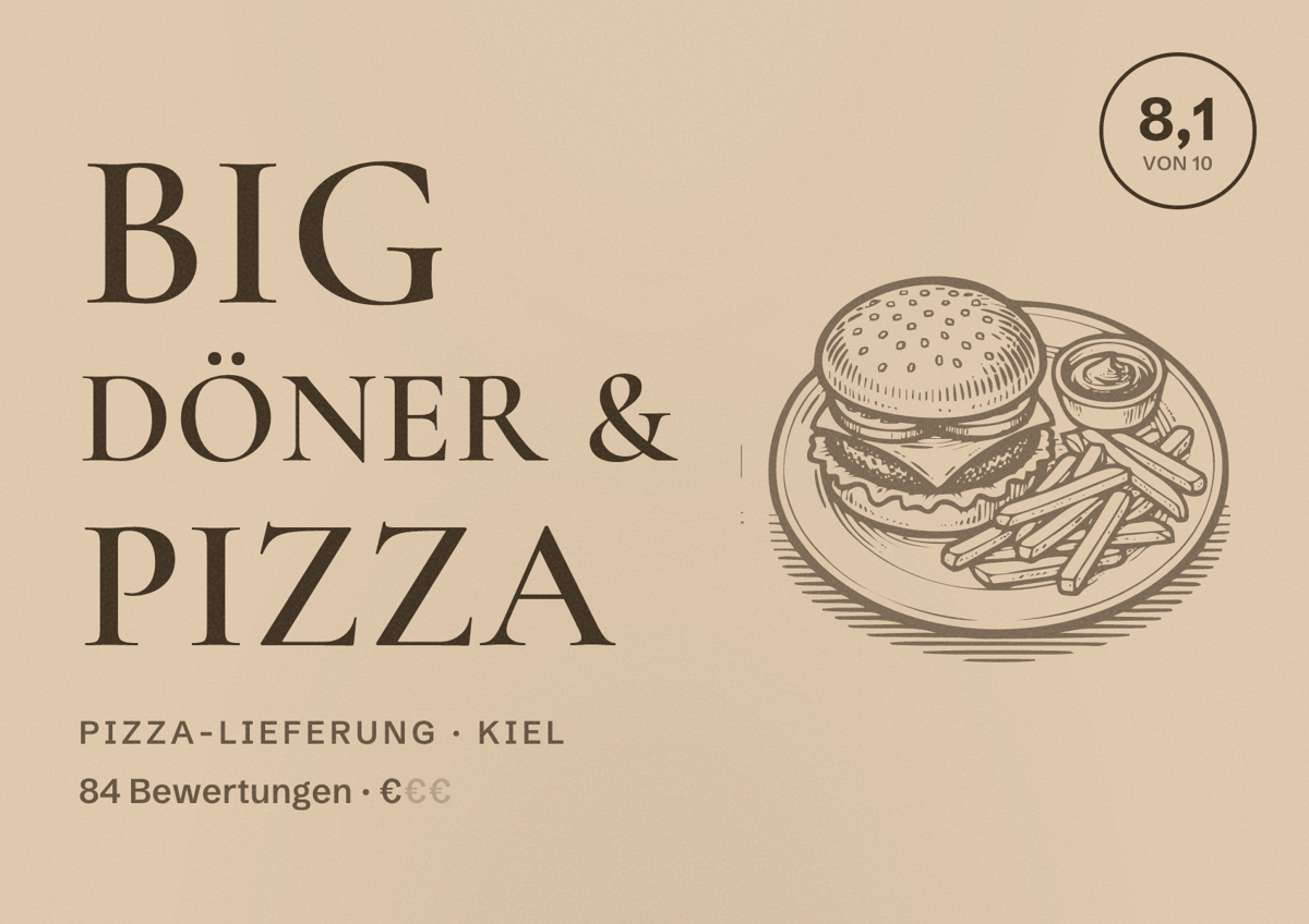 Illustriertes Poster von BIG Döner & Pizza, Pizza-Lieferung in Kiel: Bewertung 8,1 von 10 aus 84 Bewertungen, Preisniveau €