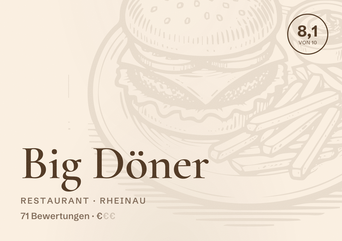 Illustriertes Poster von Big Döner, Restaurant in Rheinau: Bewertung 8,1 von 10 aus 71 Bewertungen, Preisniveau €