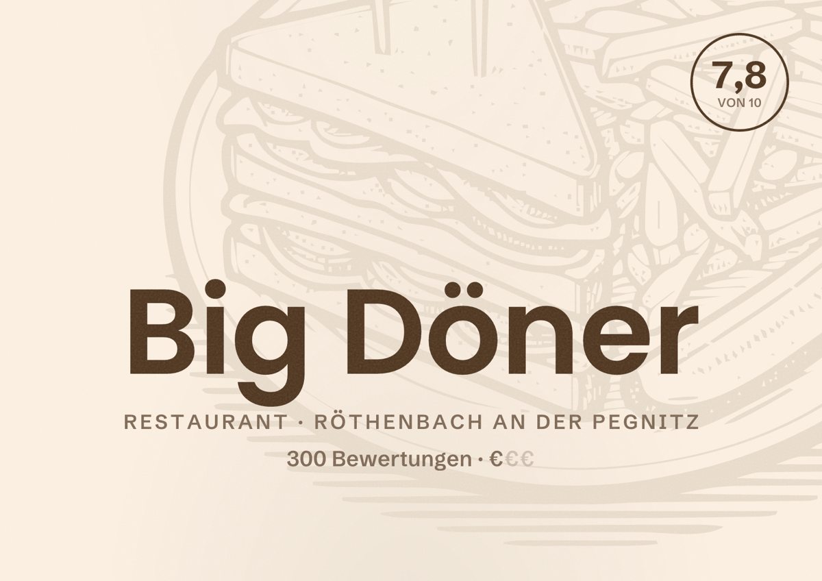 Illustriertes Poster von Big Döner, Restaurant in Röthenbach an der Pegnitz: Bewertung 7,8 von 10 aus 300 Bewertungen, Preisniveau €