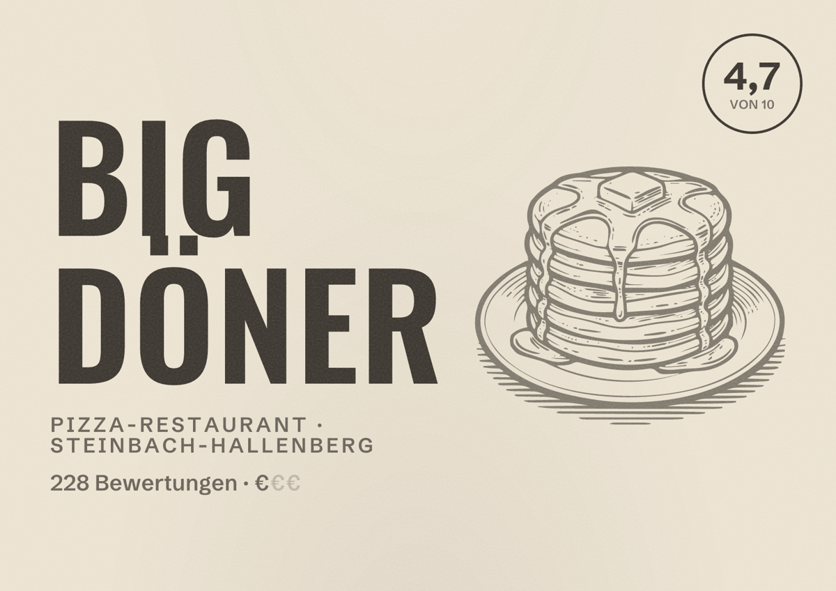 Illustriertes Poster von Big Döner, Pizza-Restaurant in Steinbach-Hallenberg: Bewertung 4,7 von 10 aus 228 Bewertungen, Preisniveau €