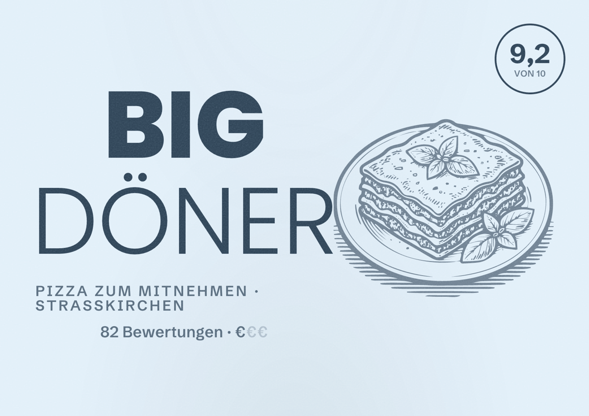 Illustriertes Poster von BIG DÖNER, Pizza zum Mitnehmen in Straßkirchen: Bewertung 9,2 von 10 aus 82 Bewertungen, Preisniveau €