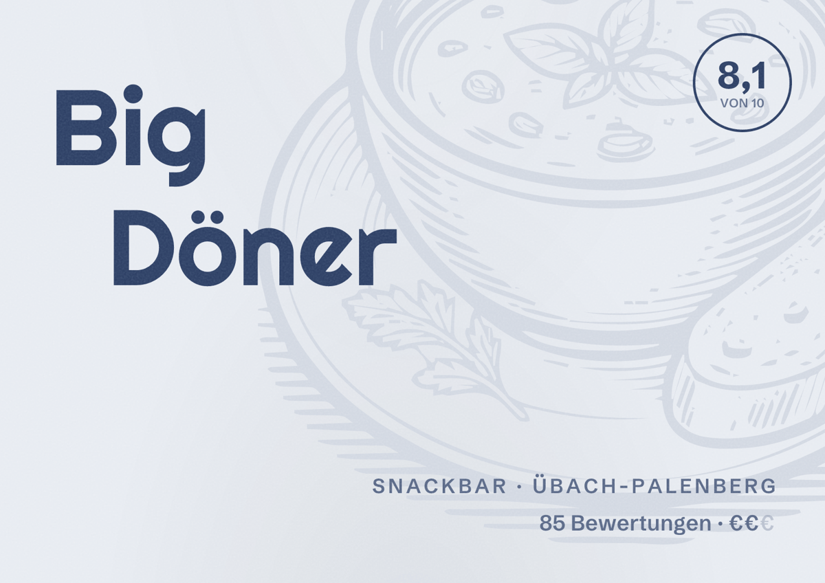 Illustriertes Poster von Big Döner, Snackbar in Übach-Palenberg: Bewertung 8,1 von 10 aus 85 Bewertungen, Preisniveau €€