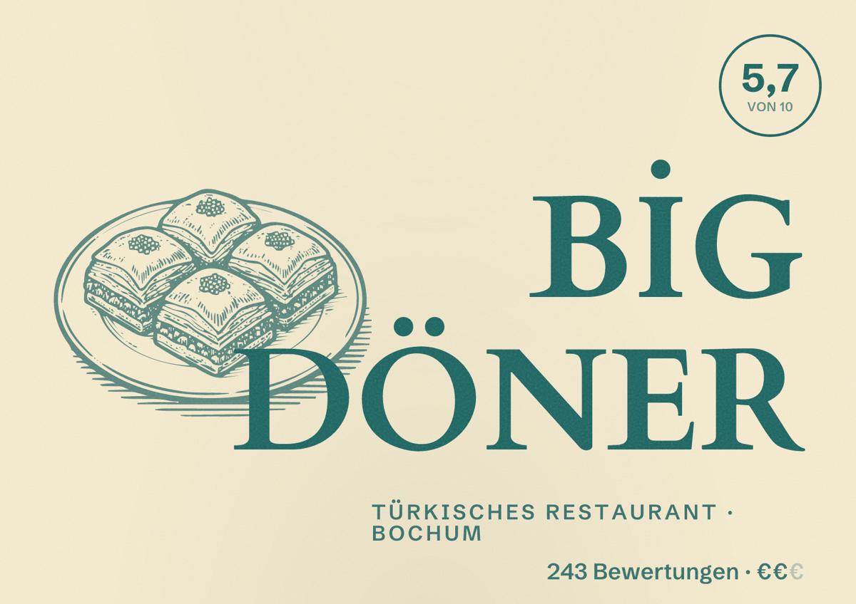 Illustriertes Poster von BİG DÖNER, Türkisches Restaurant in Bochum: Bewertung 5,7 von 10 aus 243 Bewertungen, Preisniveau €€