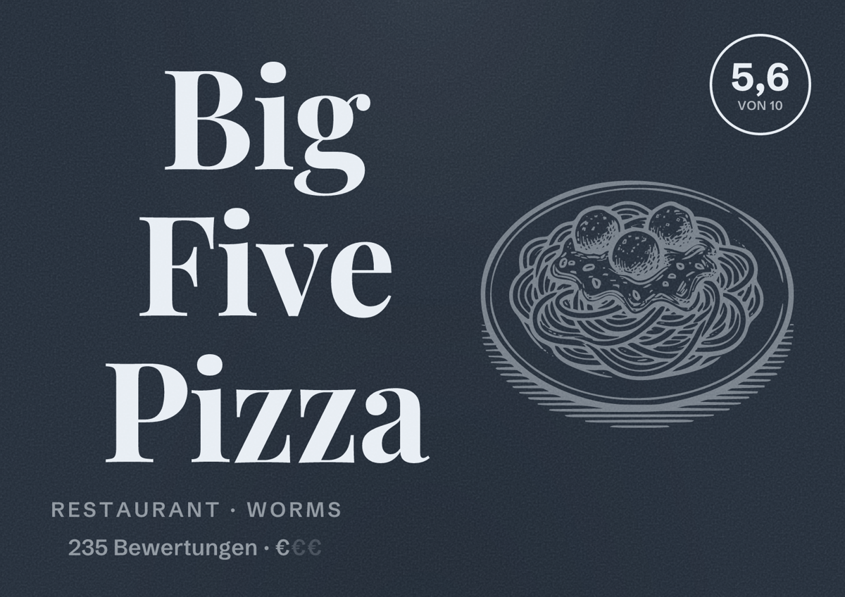Illustriertes Poster von Big Five Pizza, Restaurant in Worms: Bewertung 5,6 von 10 aus 235 Bewertungen, Preisniveau €