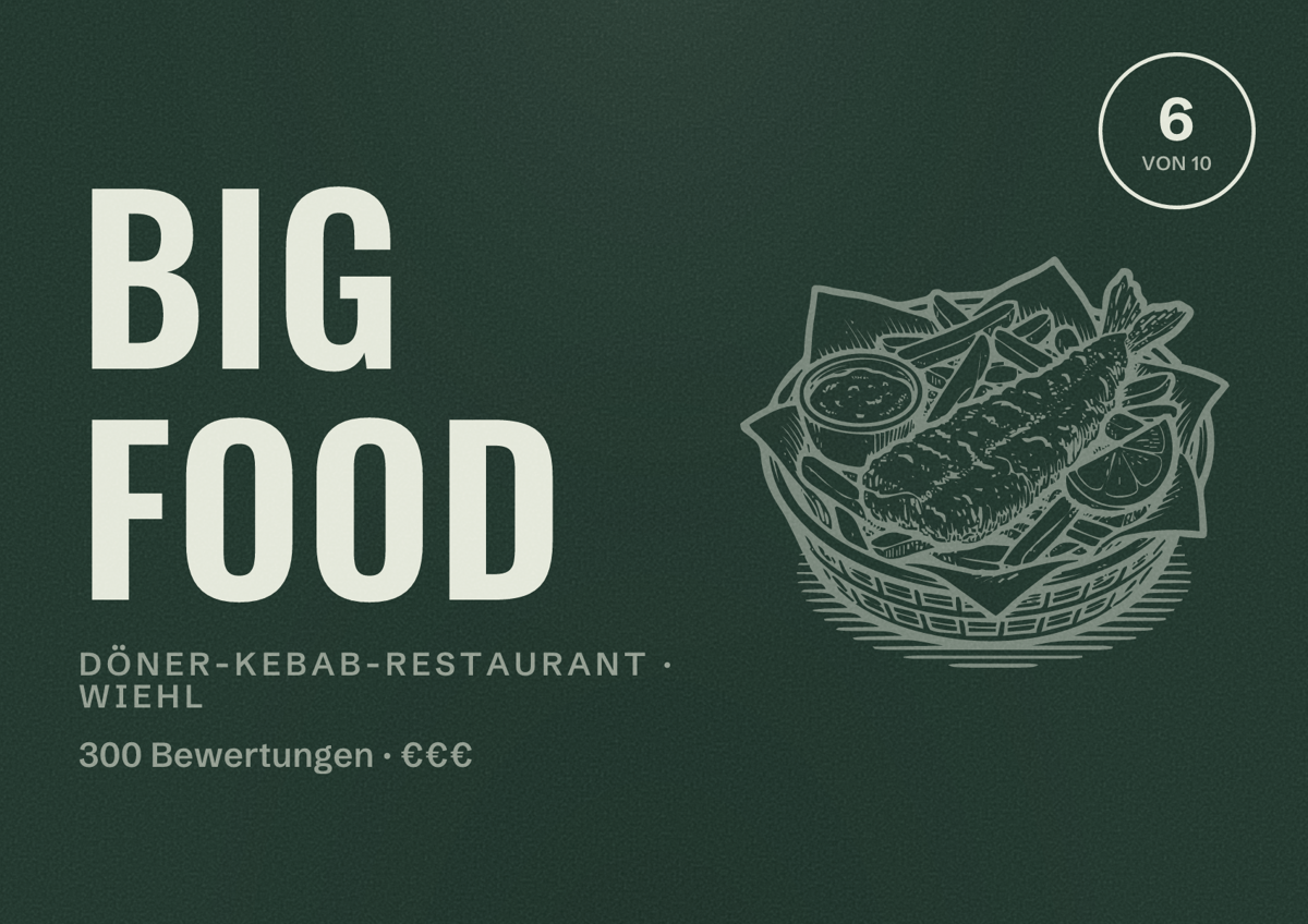 Illustriertes Poster von Big Food, Döner-Kebab-Restaurant in Wiehl: Bewertung 6 von 10 aus 300 Bewertungen, Preisniveau €€€