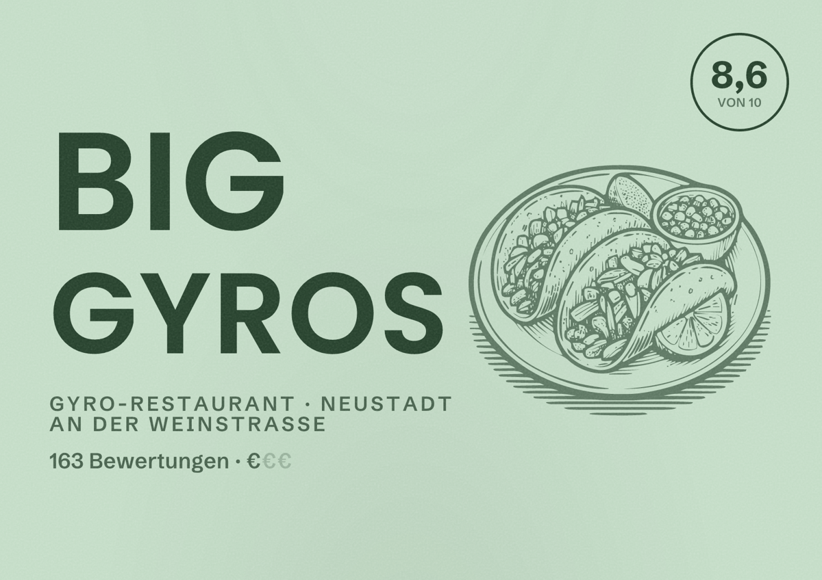 Illustriertes Poster von BIG GYROS, Gyro-Restaurant in Neustadt an der Weinstraße: Bewertung 8,6 von 10 aus 163 Bewertungen, Preisniveau €