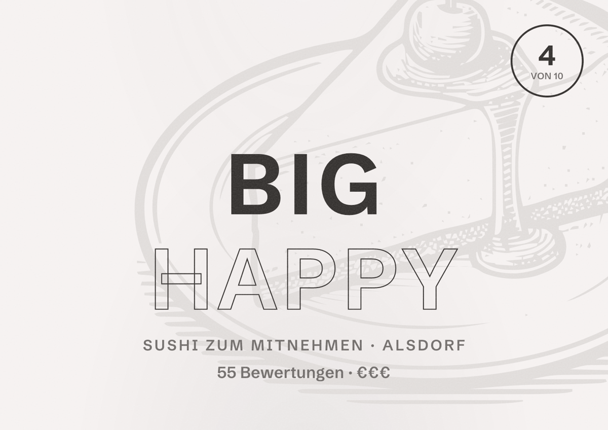 Illustriertes Poster von Big Happy, Sushi zum Mitnehmen in Alsdorf: Bewertung 4 von 10 aus 55 Bewertungen, Preisniveau €€€