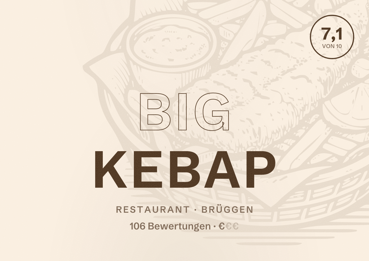 Illustriertes Poster von Big Kebap, Restaurant in Brüggen: Bewertung 7,1 von 10 aus 106 Bewertungen, Preisniveau €
