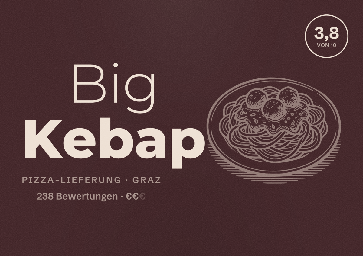 Illustriertes Poster von Big Kebap, Pizza-Lieferung in Graz: Bewertung 3,8 von 10 aus 238 Bewertungen, Preisniveau €€