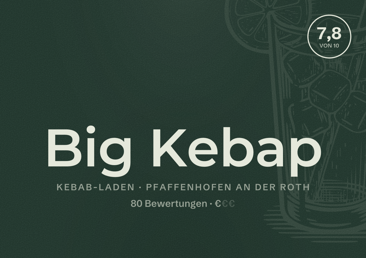 Illustriertes Poster von Big Kebap, Kebab-Laden in Pfaffenhofen an der Roth: Bewertung 7,8 von 10 aus 80 Bewertungen, Preisniveau €