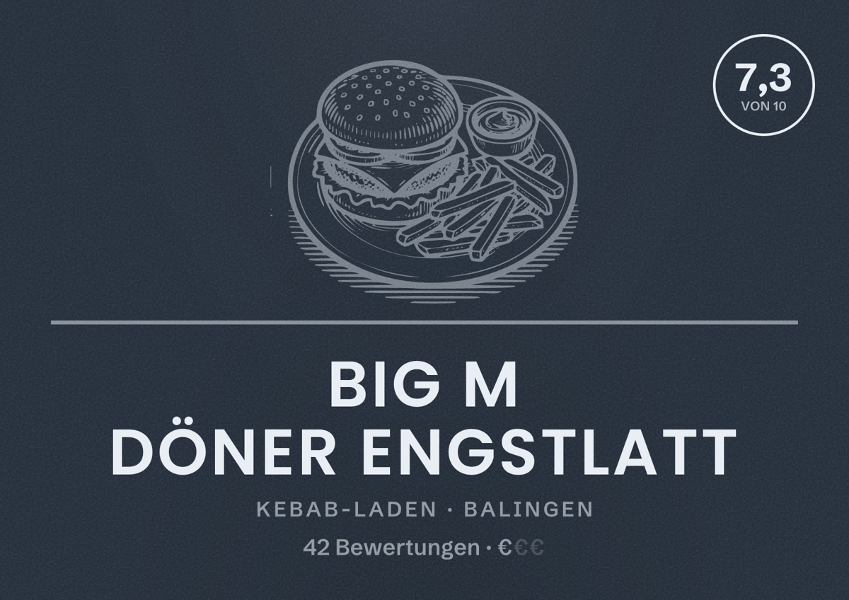 Illustriertes Poster von Big M Döner Engstlatt, Kebab-Laden in Balingen: Bewertung 7,3 von 10 aus 42 Bewertungen, Preisniveau €
