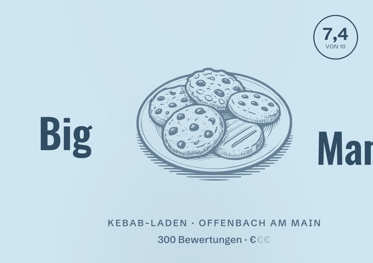Illustriertes Poster von Big Mama, Kebab-Laden in Offenbach am Main: Bewertung 7,4 von 10 aus 300 Bewertungen, Preisniveau €