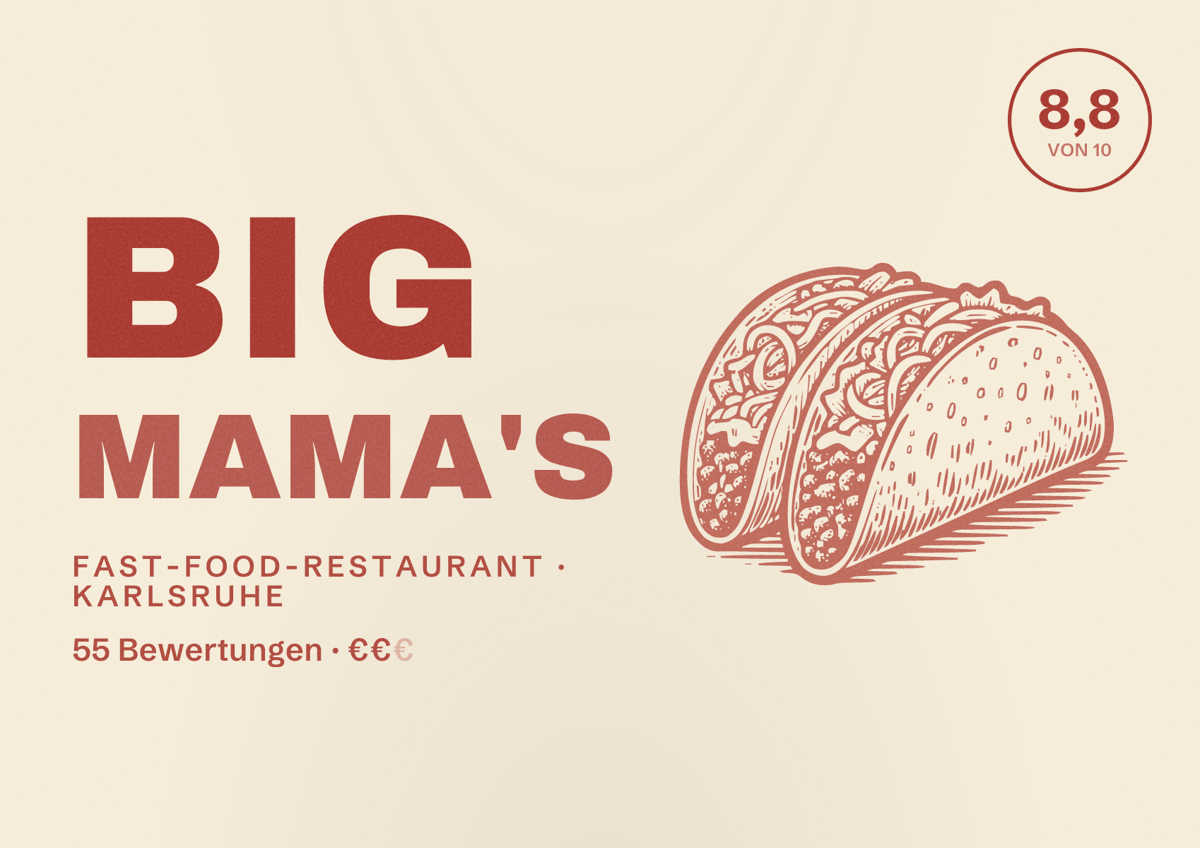Illustriertes Poster von Big Mama's, Fast-Food-Restaurant in Karlsruhe: Bewertung 8,8 von 10 aus 55 Bewertungen, Preisniveau €€