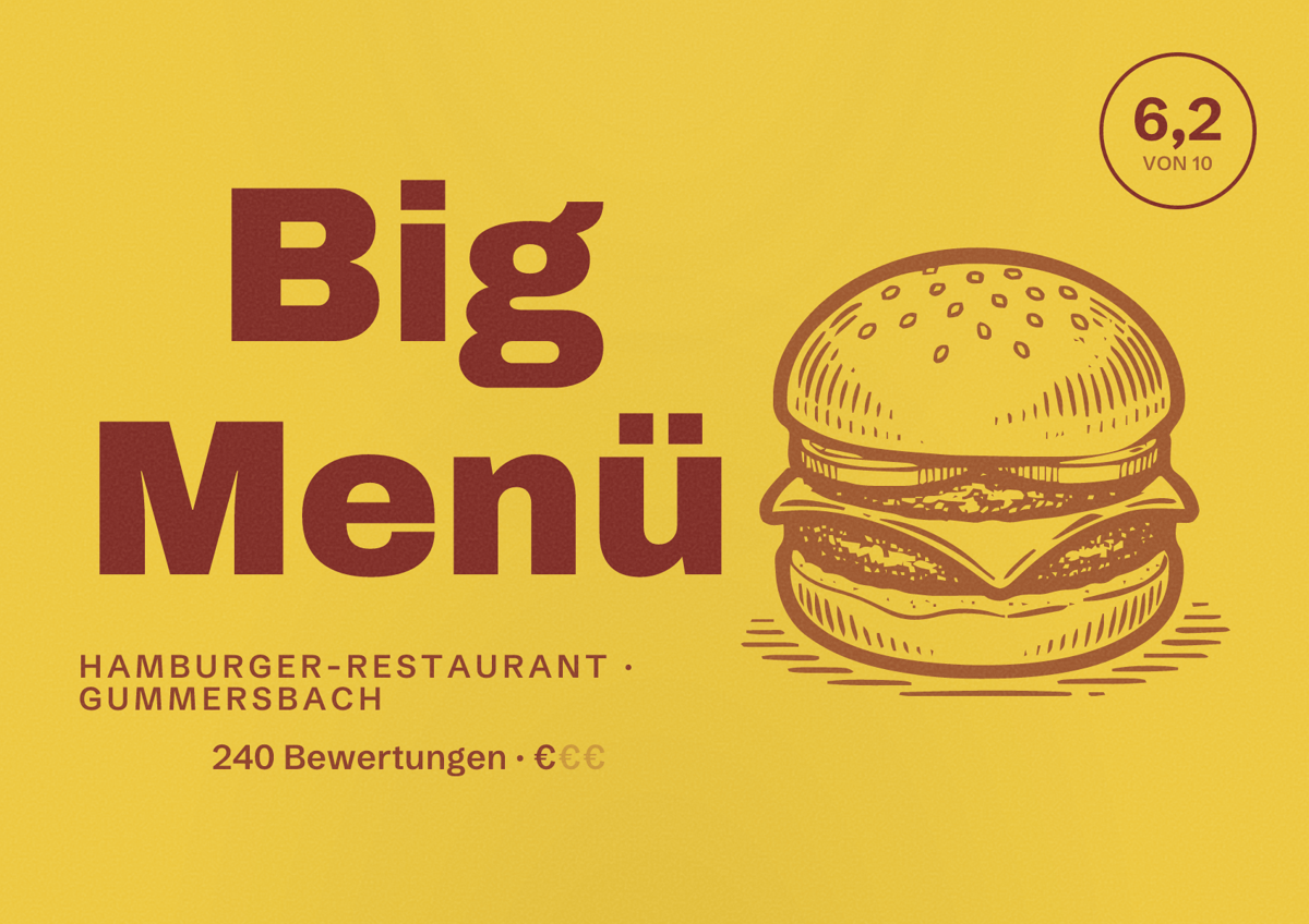Illustriertes Poster von Big Menü, Hamburger-Restaurant in Gummersbach: Bewertung 6,2 von 10 aus 240 Bewertungen, Preisniveau €