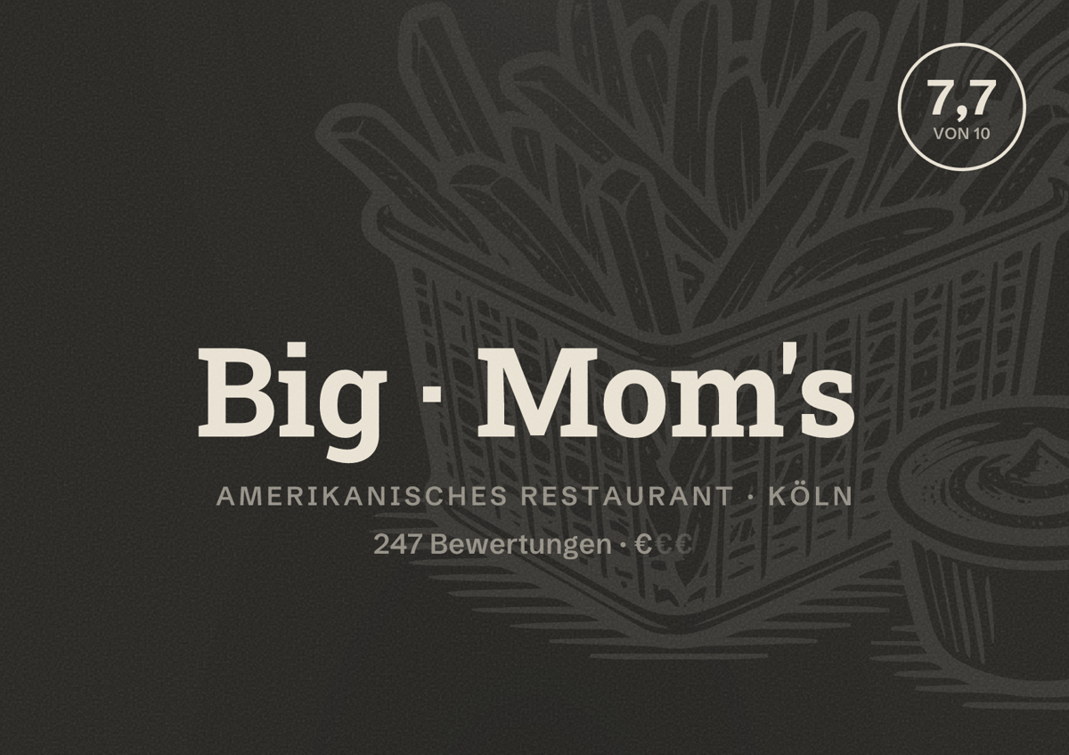 Illustriertes Poster von Big Mom's, Amerikanisches Restaurant in Köln: Bewertung 7,7 von 10 aus 247 Bewertungen, Preisniveau €