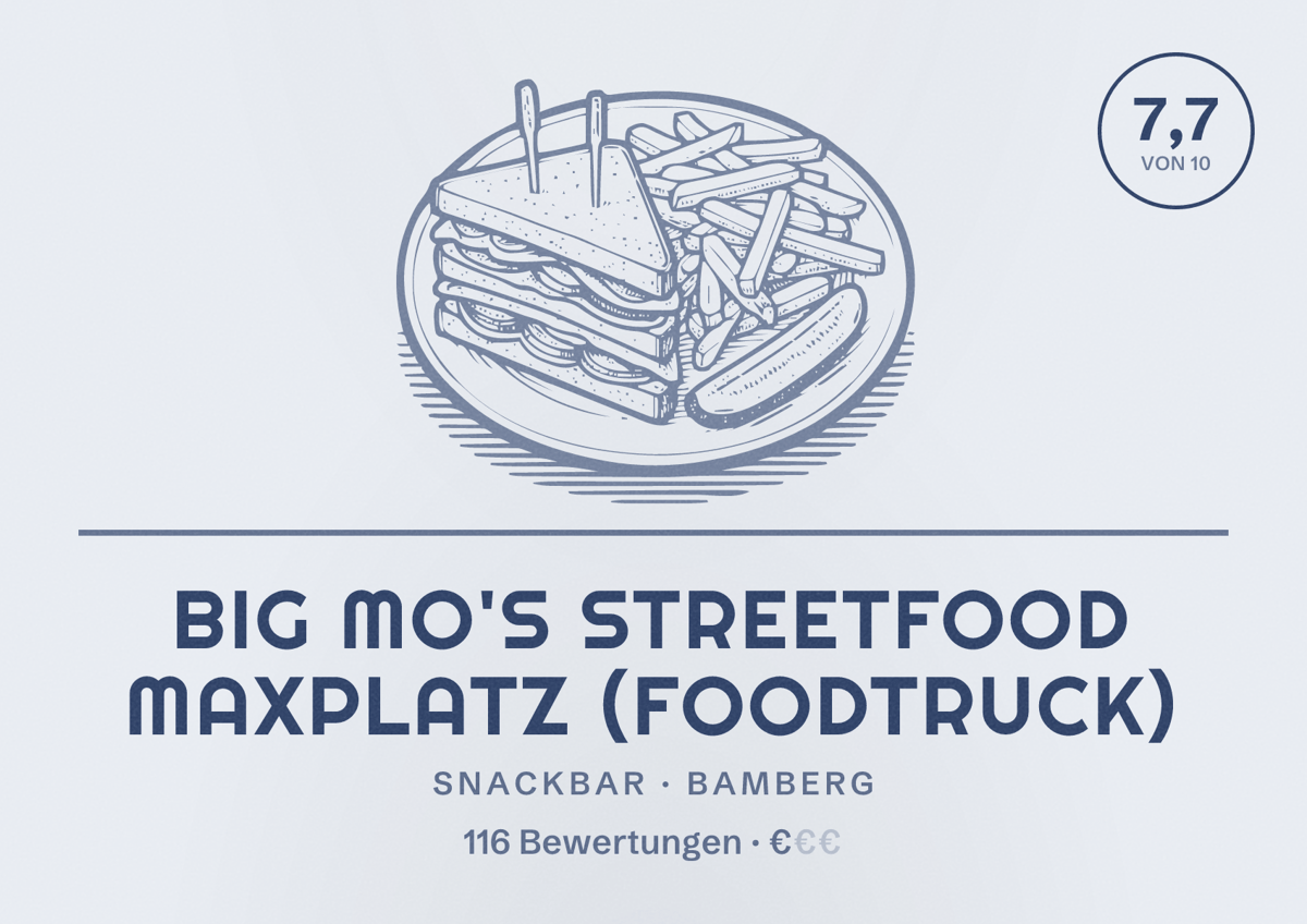 Illustriertes Poster von Big Mo's Streetfood Maxplatz (Foodtruck), Snackbar in Bamberg: Bewertung 7,7 von 10 aus 116 Bewertungen, Preisniveau €