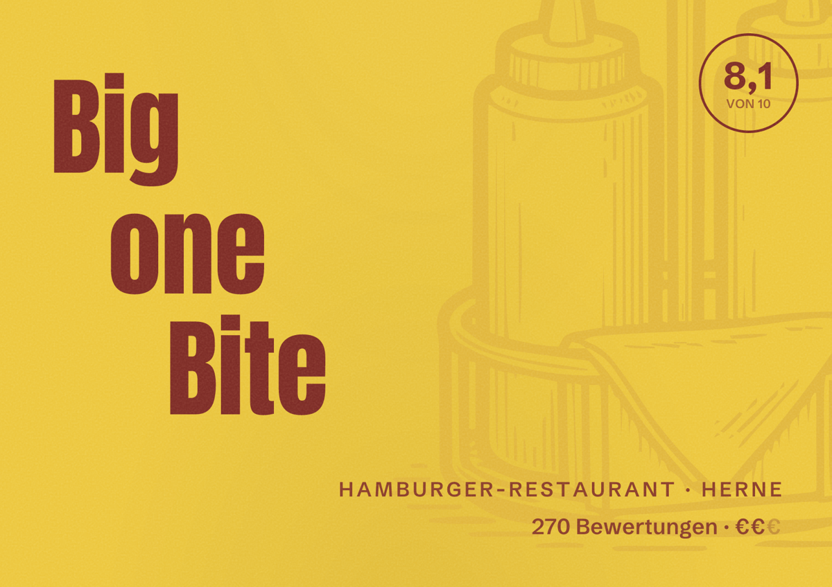 Illustriertes Poster von Big one Bite, Hamburger-Restaurant in Herne: Bewertung 8,1 von 10 aus 270 Bewertungen, Preisniveau €€