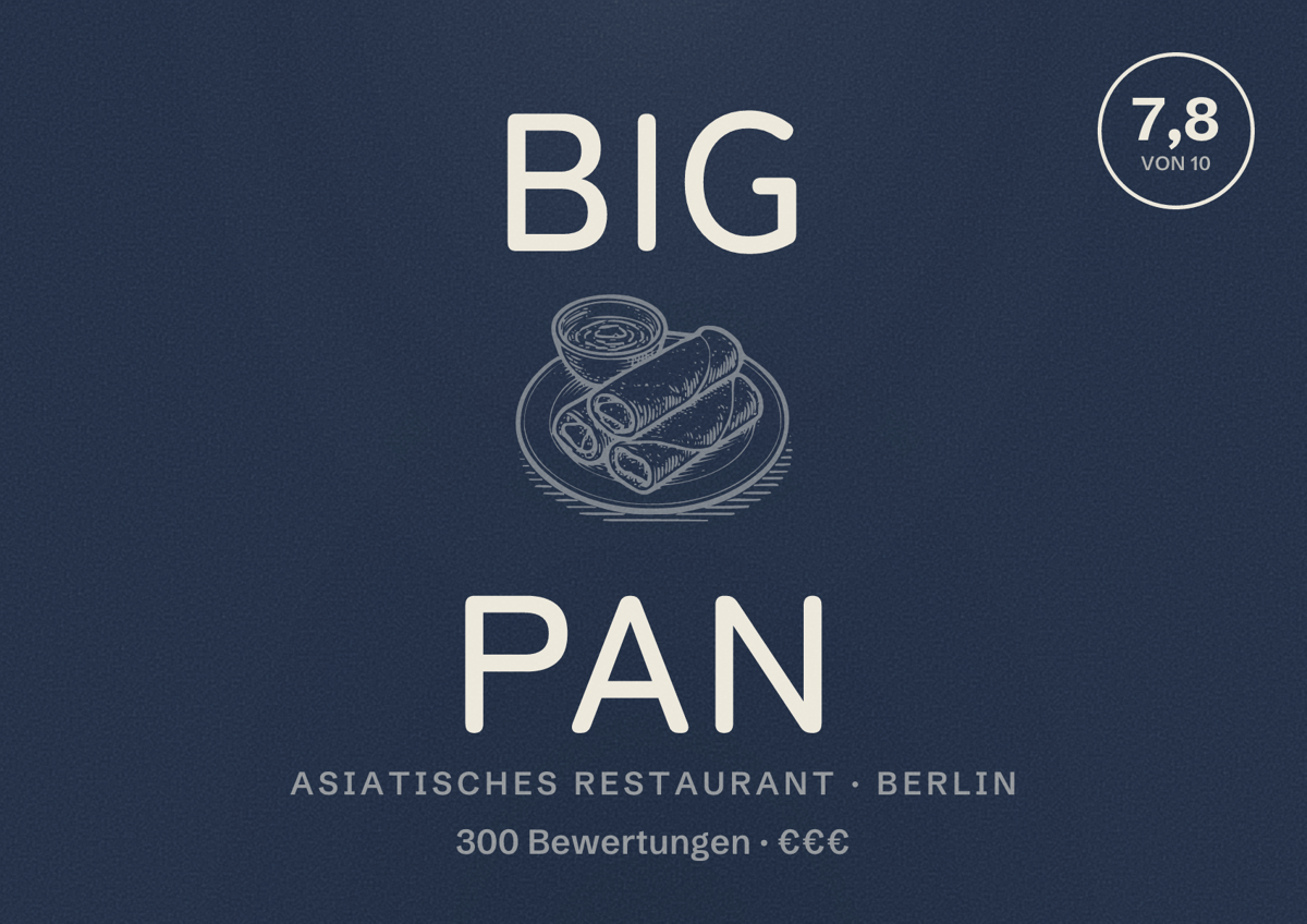 Illustriertes Poster von Big Pan, Asiatisches Restaurant in Berlin: Bewertung 7,8 von 10 aus 300 Bewertungen, Preisniveau €€€