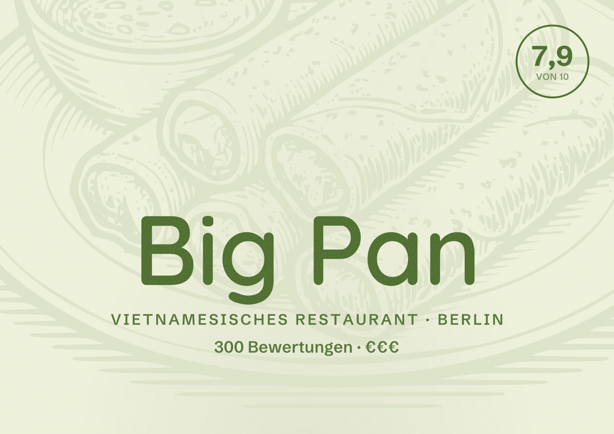 Illustriertes Poster von Big Pan, Vietnamesisches Restaurant in Berlin: Bewertung 7,9 von 10 aus 300 Bewertungen, Preisniveau €€€