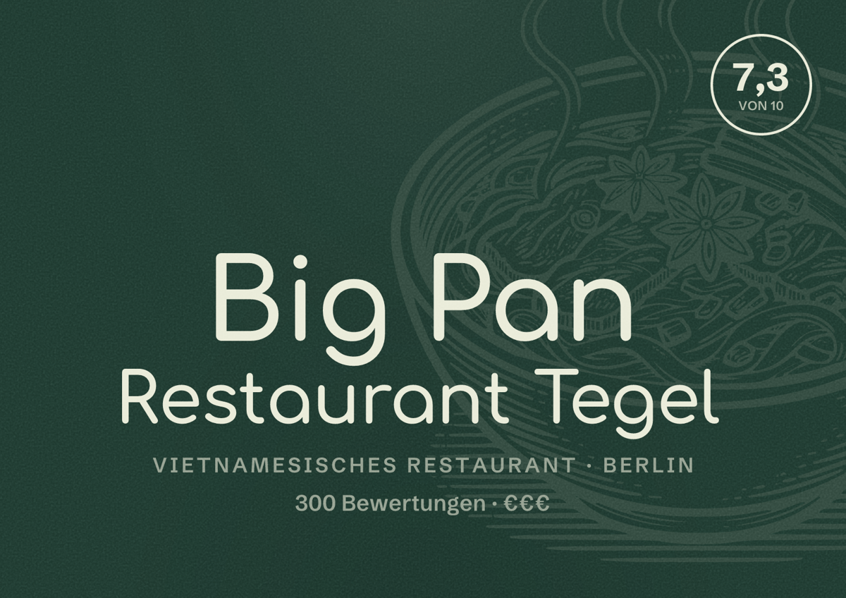 Illustriertes Poster von Big Pan Restaurant Tegel, Vietnamesisches Restaurant in Berlin: Bewertung 7,3 von 10 aus 300 Bewertungen, Preisniveau €€€