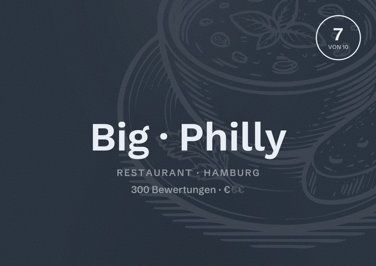 Illustriertes Poster von Big Philly, Restaurant in Hamburg: Bewertung 7,0 von 10 aus 300 Bewertungen, Preisniveau €