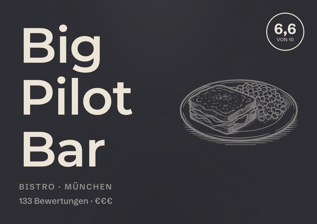 Illustriertes Poster von Big Pilot Bar, Bistro in München: Bewertung 6,6 von 10 aus 133 Bewertungen, Preisniveau €€€