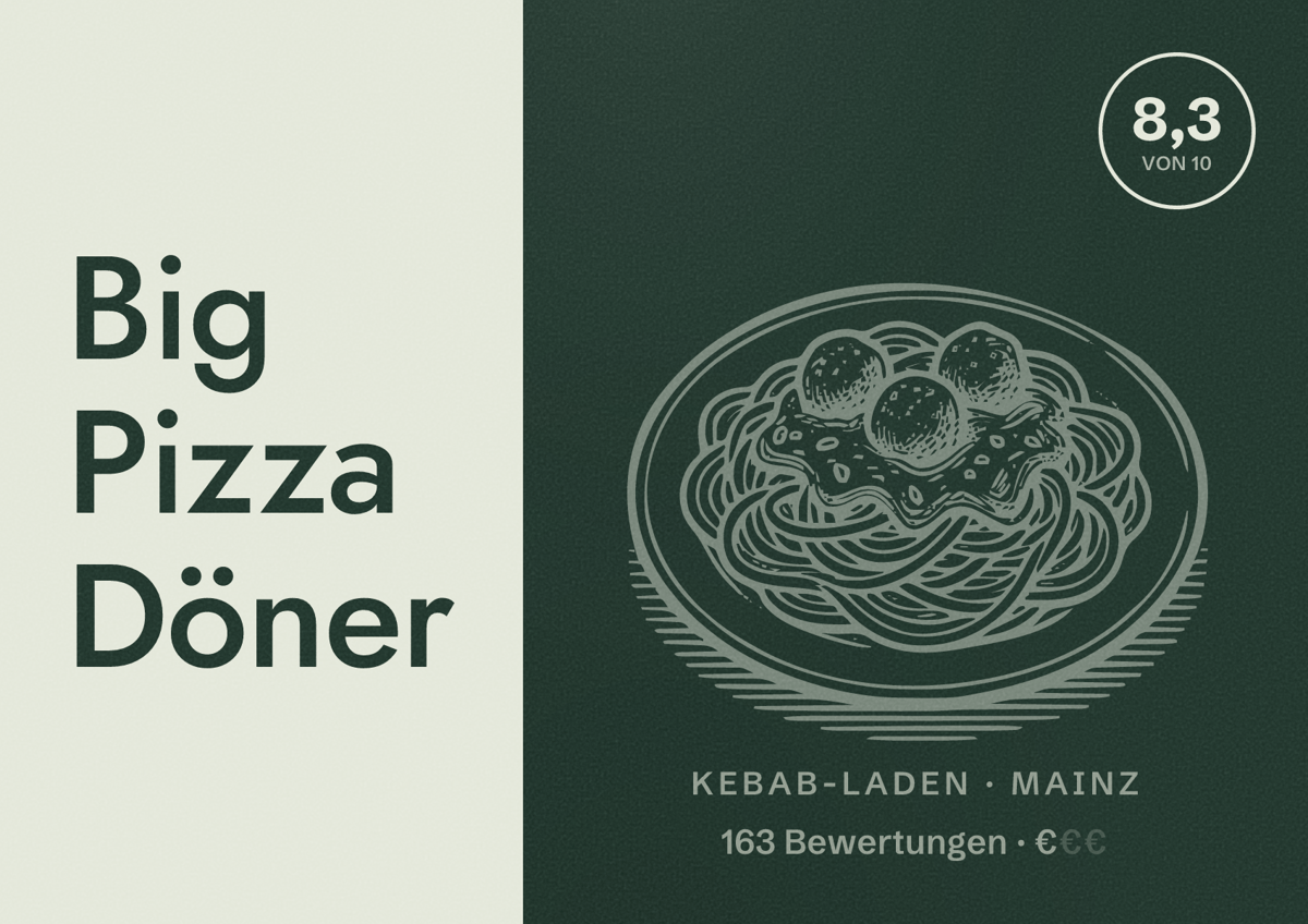 Illustriertes Poster von Big Pizza Döner, Kebab-Laden in Mainz: Bewertung 8,3 von 10 aus 163 Bewertungen, Preisniveau €