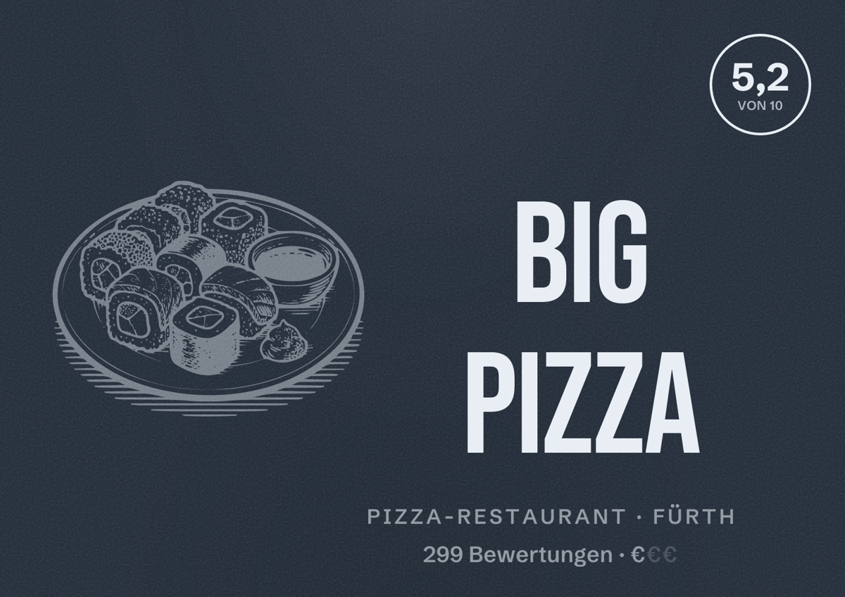 Illustriertes Poster von Big Pizza, Pizza-Restaurant in Fürth: Bewertung 5,2 von 10 aus 299 Bewertungen, Preisniveau €