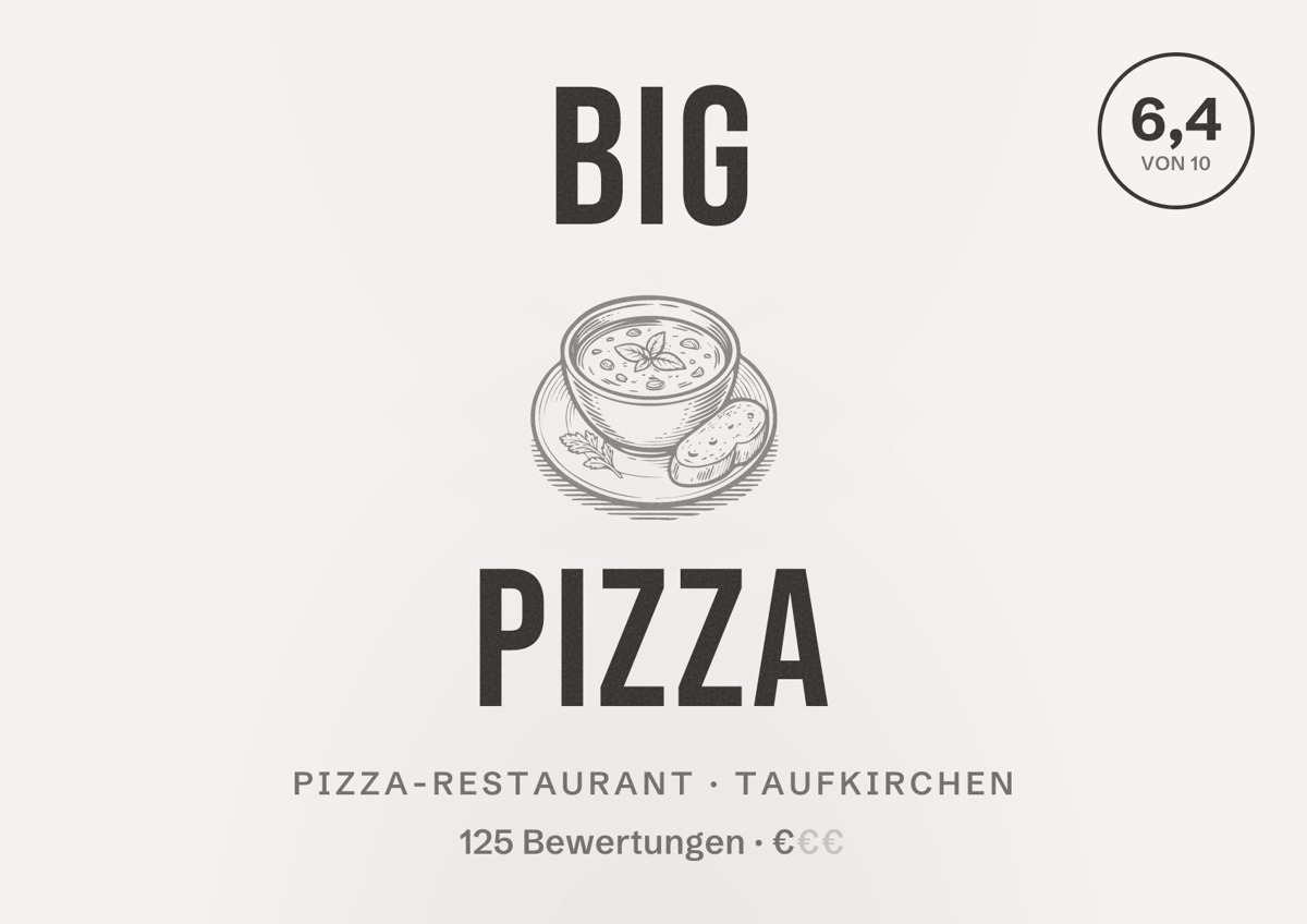 Illustriertes Poster von Big Pizza, Pizza-Restaurant in Taufkirchen: Bewertung 6,4 von 10 aus 125 Bewertungen, Preisniveau €